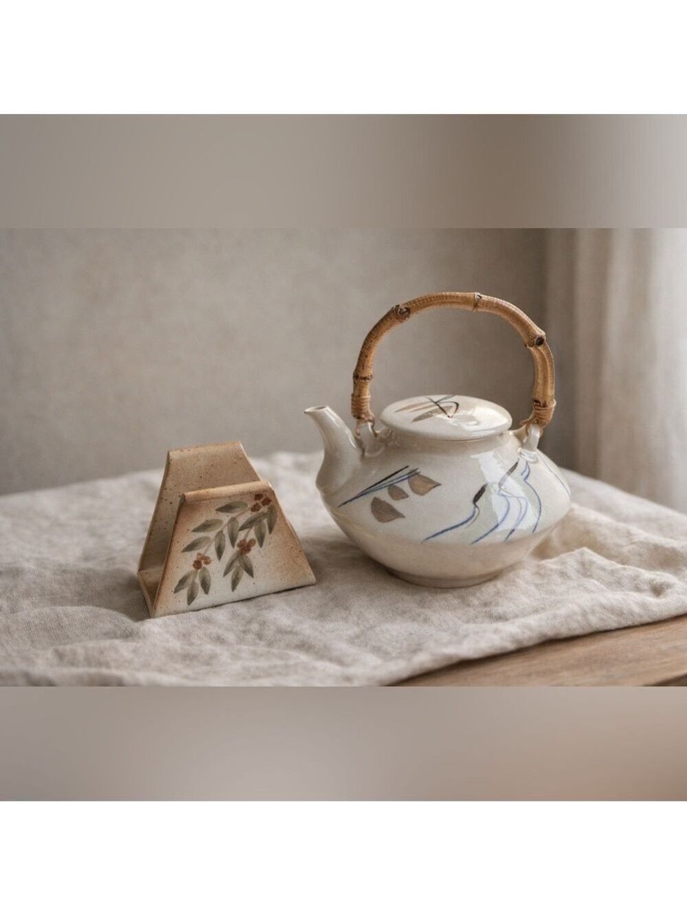 VINTAGE Hand-Painted Ceramic Teapot & Matching Napkin Holder Set Bamboo Handle